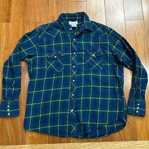 Wrangler Wrancher Western Shirt Pearl Snap Flannel Blue Green Plaid Outdoors XLT